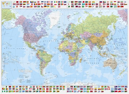 Bild på Världen väggkarta politisk med flaggor, 1:30m i papptub Kartförlaget